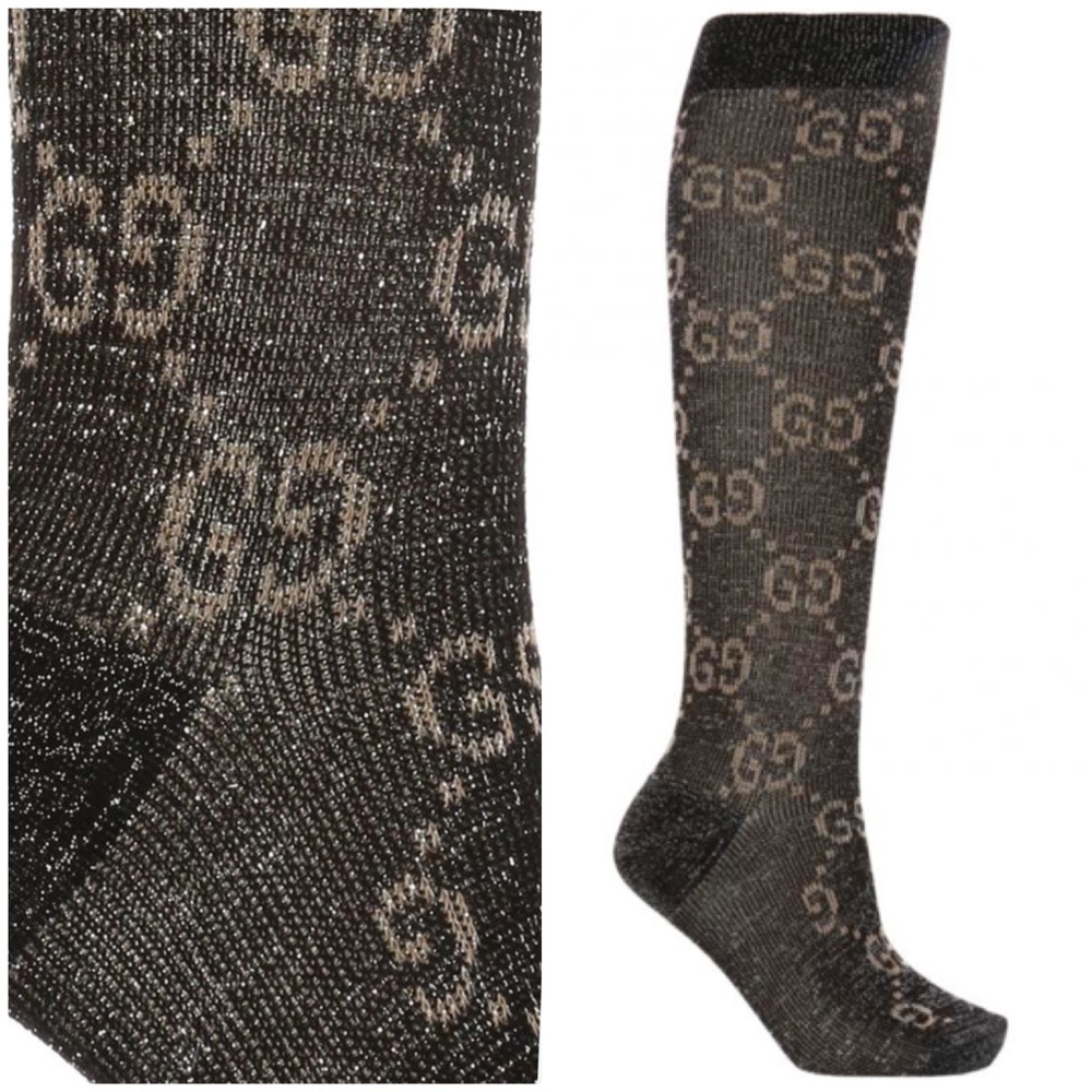 💯🩷Authentic GUCCI Black & Gray metallic shiny lamé shimmer GG Socks - Picture 3 of 13